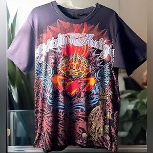 2XL Christian Audigier Black Tee Shirt gold lettering beading double-sided USA